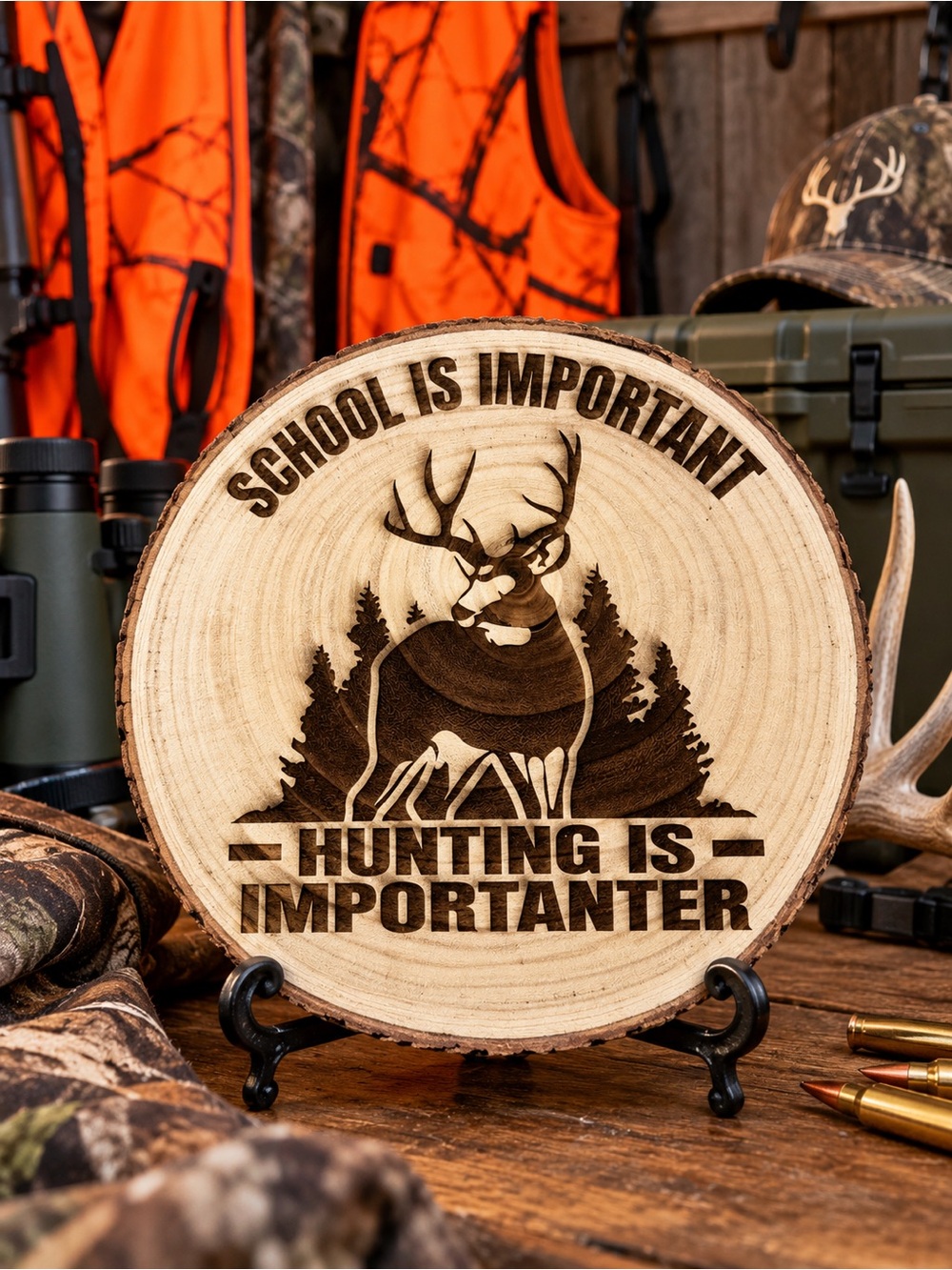 Funny Hunter Wood Slice Sign School Is Important Hunting Is Importanter 9”